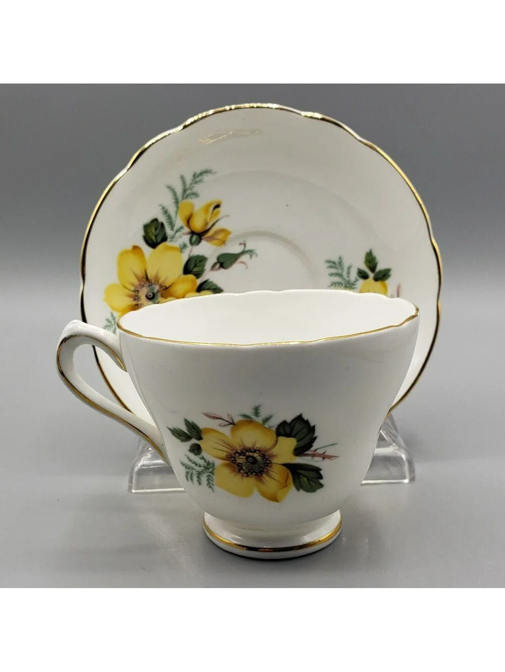 Vintage Regency Teacup & Saucer Fine Bone China Yellow Wild Rose England